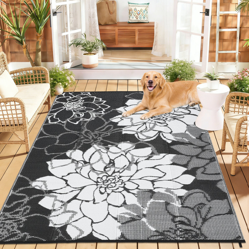 Rectangle Floral Outdoor Washable Area Rug, Black, Rectangle 274 x 366 cm