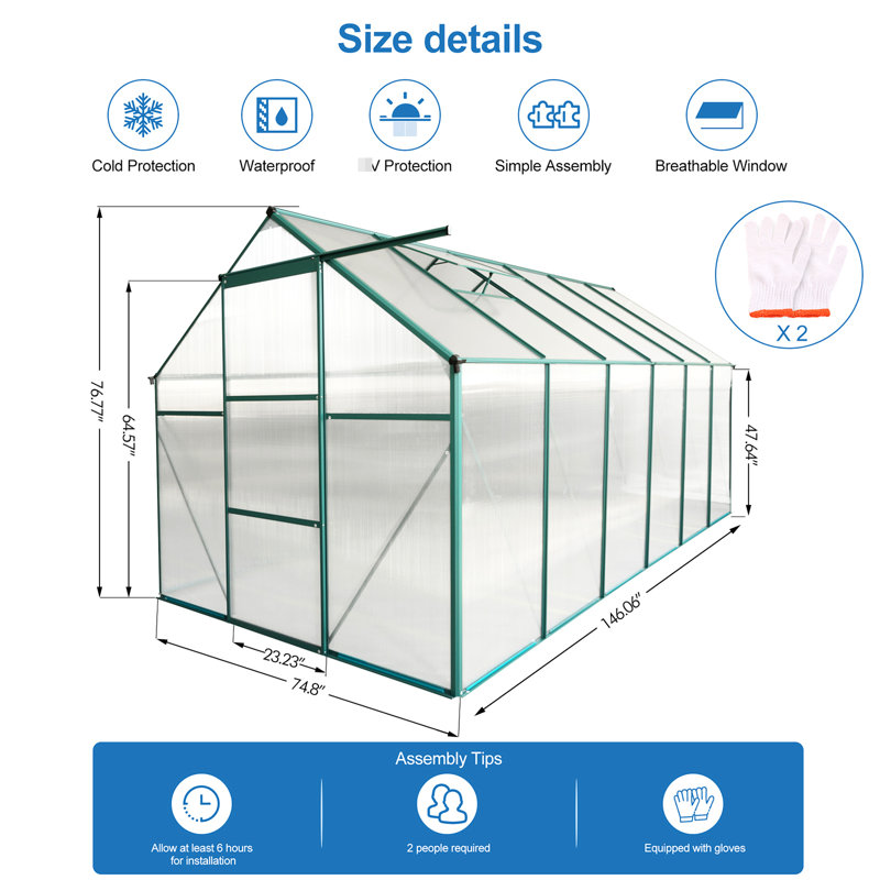 Serre en polycarbonate - pour cour extérieure avec base galvanisée et drainage efficace