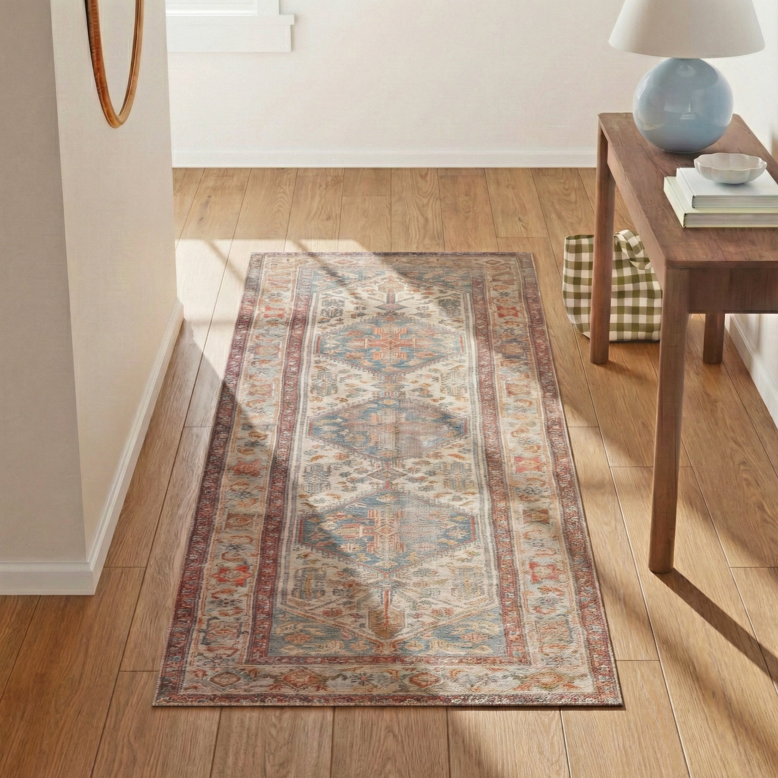Cream Blue Red Washable Oriental Rug, Runner 2' x 6'