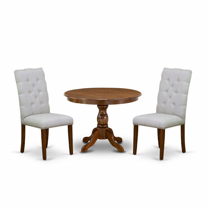 3 Piece Dining Table Set for Small Spaces Contains a Round Dining Room Table with Pedestal and 2 Grey Linen Fabric Parson Chairs, Antique Walnut