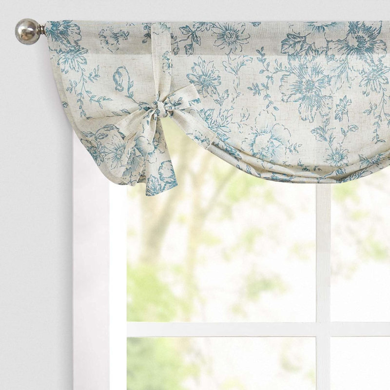 Floral Linen Tie Up Shade Valance, Blue, 42" W x 36" L