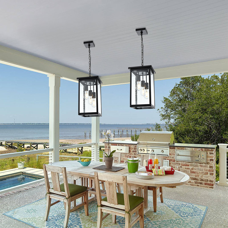 Black Outdoor Pendant Light Fixture, Exterior Chandelier Hanging Lantern For Front Porch, Anti-Rust Waterproof Farmhouse Outdoor Ceiling Lamp With Seeded Glass.