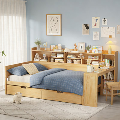 Natural Wooden Full Size Daybed With Storage Shelves, 2 Drawers & Study Desk