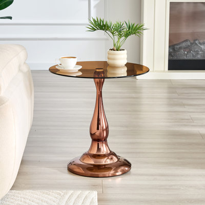 Modern Glass End Table with Tempered Glass Top, Sculptural Metal Base, Small Round Side Table for Living Room and Bedroom