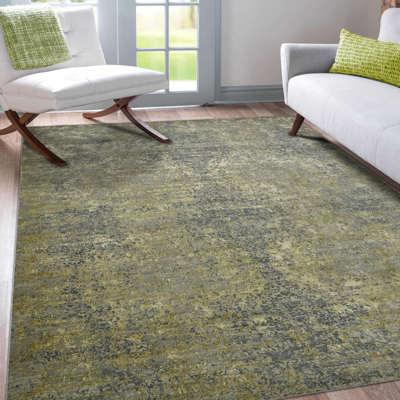 Mystique Lucci Hand-Knotted Wool/Silk Area Rug in Gold/Gray, Rectangle 10' x 14'