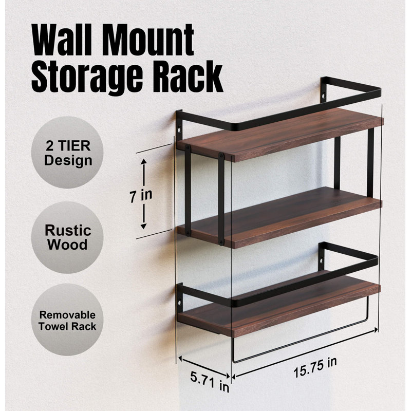 2+1 Tier Wall Mounted Floating Shelves Set Of 2, Rustic Wood Wall Shelf With Metal Frame, Extra Storage Rack With Tissue Rack & Towel Bar, Rustic Brown