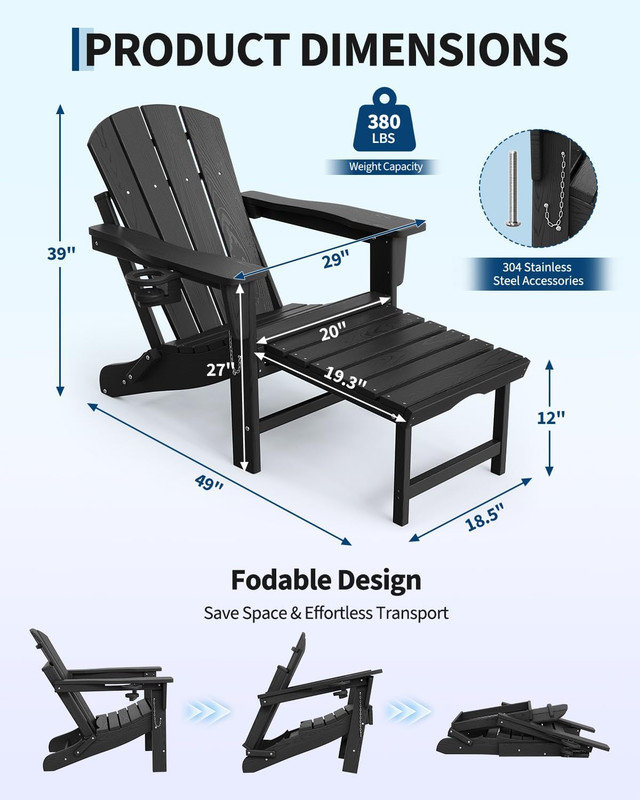 2 chaises berçantes pliantes Adirondack avec repose-pieds rétractable - PEHD texturé bois, porte-gobelet pour patio, Noir