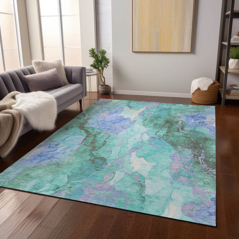 Tapis bleu sarcelle lavable à la machine intérieur / extérieur Xhevrie, Rectangulaire 8 pi x 10 pi