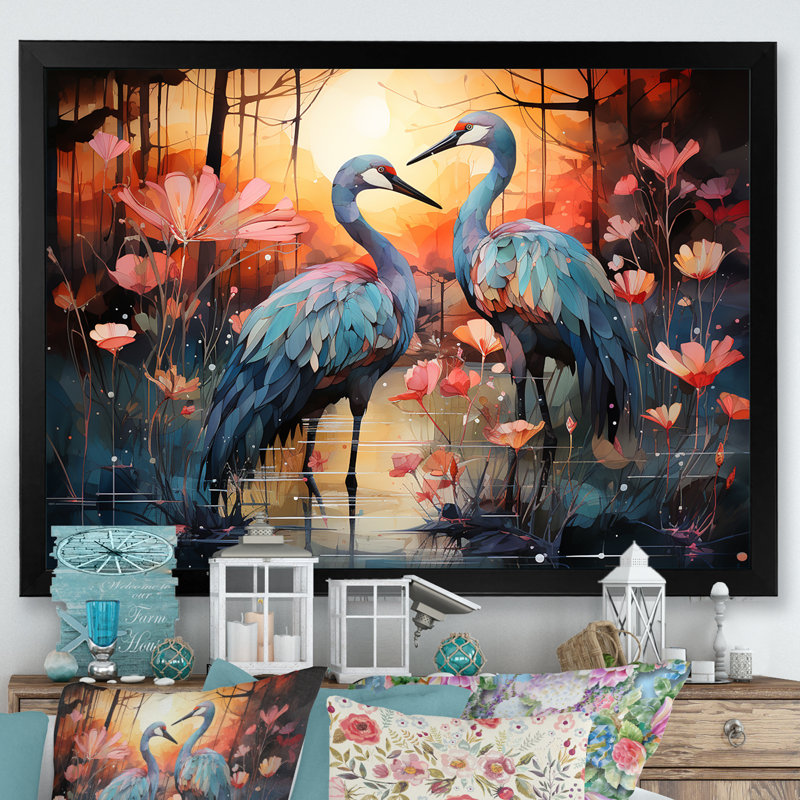 Flamant crépuscule sur toile, Cadre simple noir, H 16 po x l 32 po x P 1,5 po
