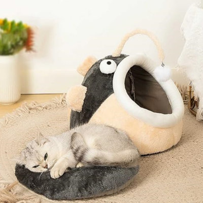Mignon campagnard en forme de poisson Jackey, petit nid de chat fermé et moelleux, animal de compagnie intérieur et apaisant pour petits et grands chiens