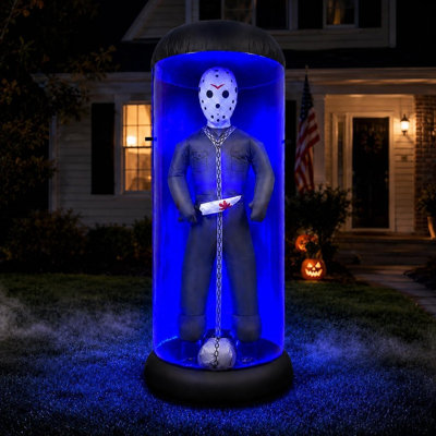 Décoration gonflable d'Halloween : tueur masqué en cage avec lumières DEL bleues, prisonnier effrayant à accrocher au jardin, à installer sur la pelouse, le porche ou pour les fêtes d'Halloween.