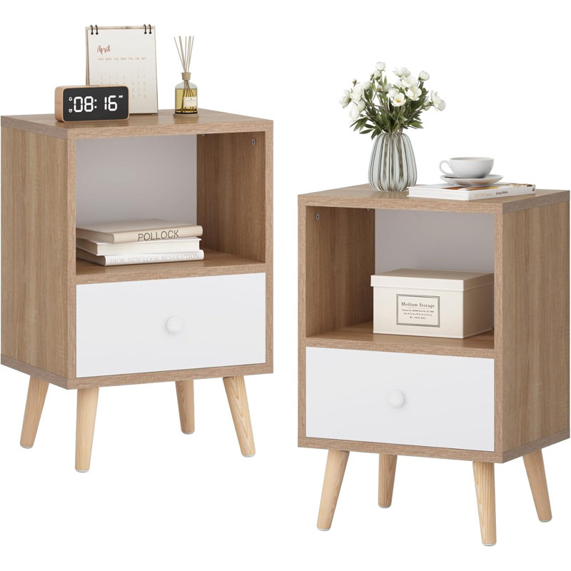 Ensemble de 2 tables de chevet, table de chevet avec tiroir et tablette de rangement ouverte, tables de chevet avec pieds en bois massif, table de bout, table d'appoint pour chambre à coucher