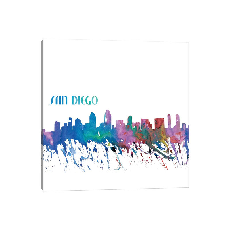 San Diego California Skyline Silhouette Impressionistic Splash 1 Piece Wrapped Canvas Painting