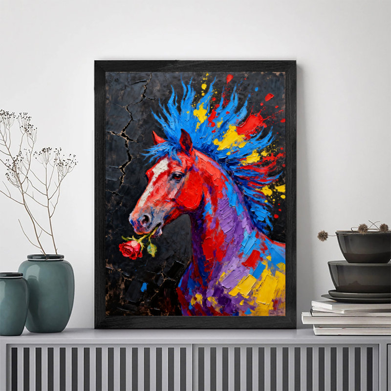 Art encadré noir Le cheval non restreint peint avec de la peinture et de la fourrure, impressions sur toile de style rétro