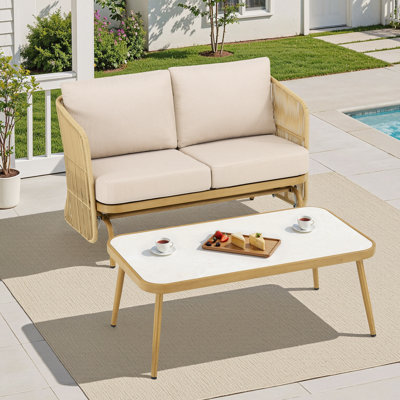 2-Seat Outdoor Patio Glider & Coffee Table Set, Modern Woven Loveseat with Olefin Cushions, Beige & Natural Finish