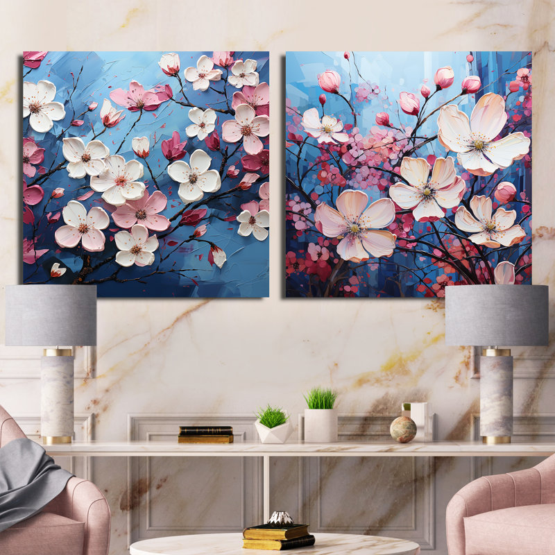 Blue And Pink Dogwood Blossoms - Dogwood Square Collage Set Of 2, 30" H x 61" W, Wrapped Canvas
