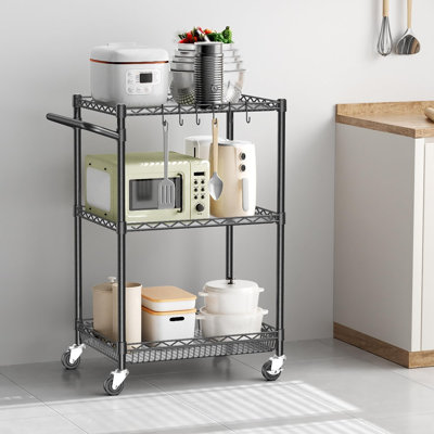Chariot utilitaire à 3 niveaux à roulettes robuste en métal avec roulettes, chariot de service commercial d'une capacité de 750 lb avec poignée et doublure de tablette pour une utilisation intérieure et extérieure