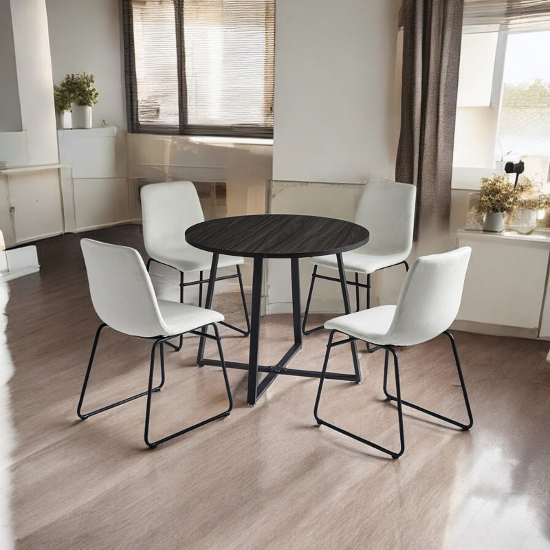 Modern 35.4" Round Wood Top Dining Table Set For 4, Velvet Upholstered Chairs, Light Gray