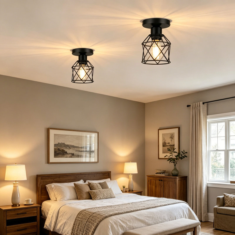 Ensemble de 4 plafonniers encastrés en métal industriel noir avec ampoules incluses, luminaire semi-encastré Vintage Farmhouse E26