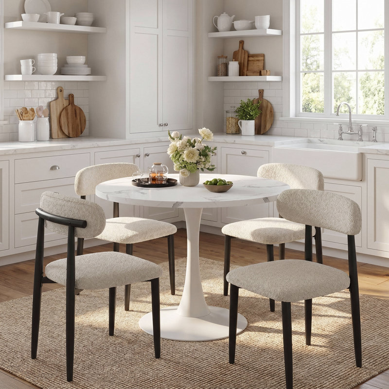 5 Pieces 35.4" Mid-Century Round Dining Table Set, Faux Marble Kitchen Dining Table Set for 4 with 4 Boucle Fabric Upholstered Dining Chairs