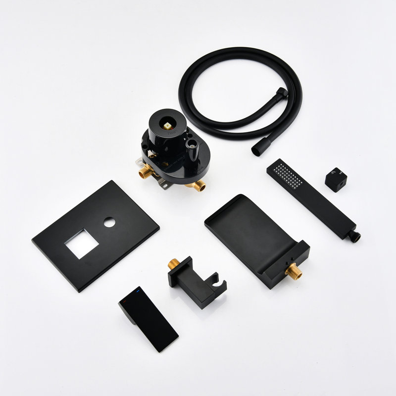 Bathroom Bathtub Faucet Shower In Modern Wall Mounted Matte Black, Handheld With Waterfall Spout And Diverter For Water Switching Mount Tub Filler Shower, Single Handle Temperature Control
