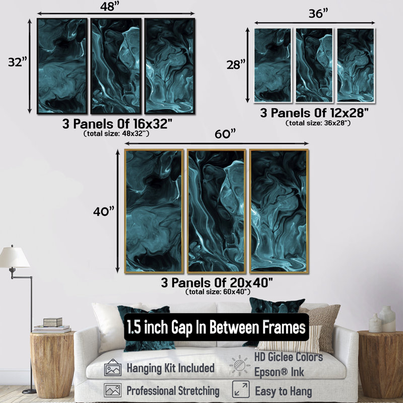 «Turquoise Creative Abstract Dark I», ensemble d'art mural sur toile moderne encadré de 3, H 40 po x l 60 po, Brun
