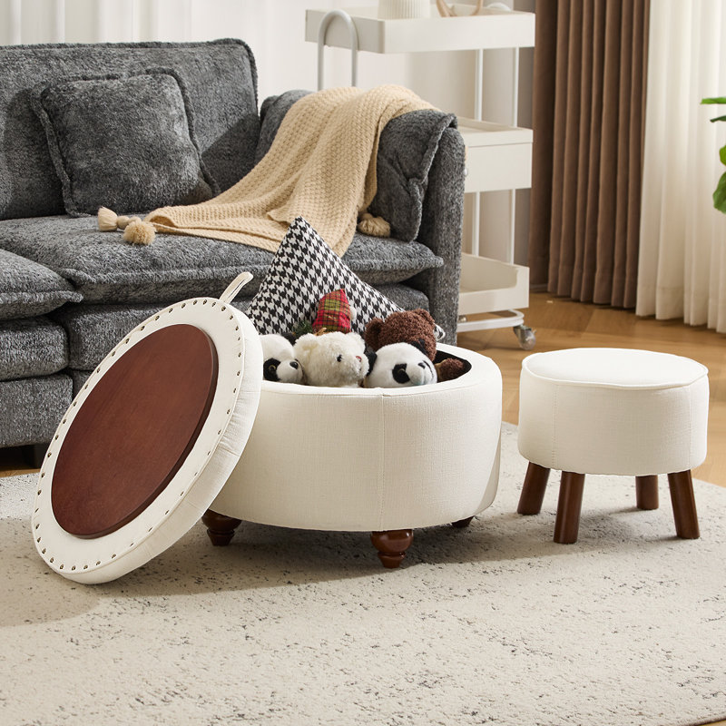 24’’ Wide Upholstered Tufted Round Storage Ottoman With  Set Of 2, Beige
