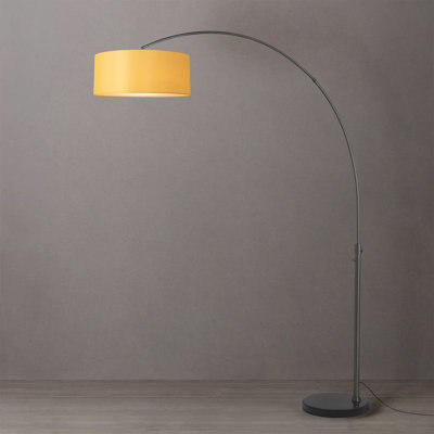 Lampe à arc 92 po Float - nickel noir, base en marbre noir, demi-dôme en lin moutarde, à intensité variable, ampoule incluse