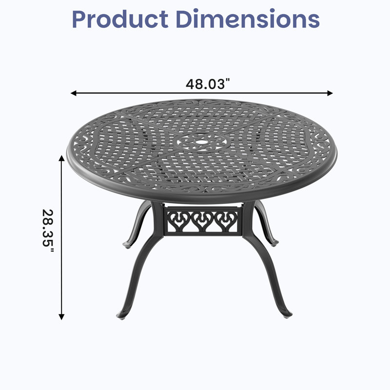 Table de salle à manger 48,03 "ronde avec trou de parasol 1,88", structure en fonte d'aluminium