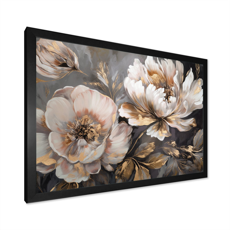 "White Grey Peony Blooms In Motion IV" - pivoines, art encadré, Impression encadrée, H 16 po x l 32 po, Noir