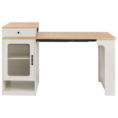 Îlot de cuisine 59,5 po à finition blanche avec table de salle à manger extensible, rangement double face, 2 tiroirs et prise de courant