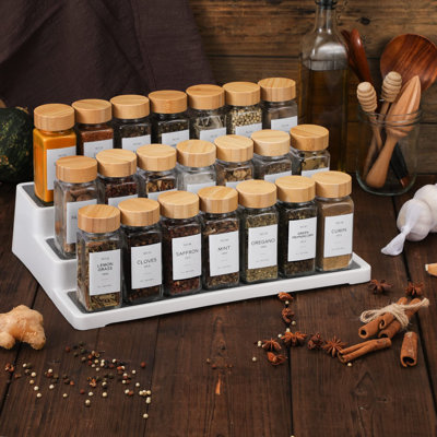 24 pots à épices en verre avec couvercles en bambou, pots en verre de 4 oz avec autocollants d'étiquettes d'épices de style campagnard minimaliste, entonnoir pliable, bouteilles de rangement d'assaisonnement pour étagère à épices, armoire, tiroir