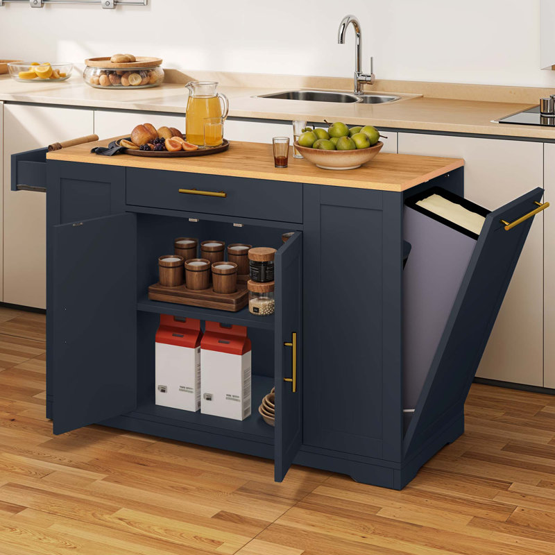 Îlot de cuisine 53 po avec rangement pour poubelle, tablettes à 3 niveaux et 2 tiroirs, Bleu