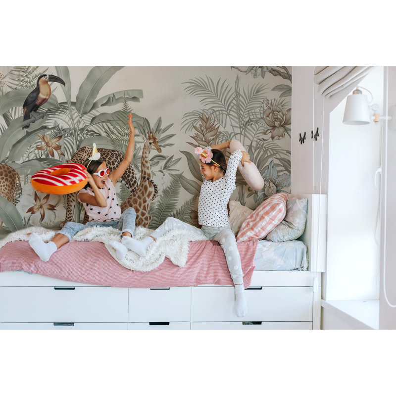 Papier peint tropical crème, léopard et toucan Girafe, 90" L x 140" W, Peel & Stick