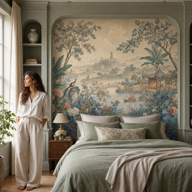 Chinoiserie Wallpaper Pagoda Asian Landscape Wall Mural, 140 po x 108 po, Peler et coller