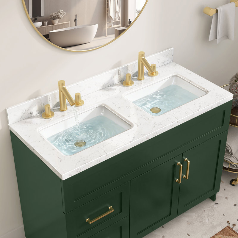 L 54 po x P 22 po en pierre reconstituée avec comptoir de salle de bain blanc Carrara Trou de robinet pré-percé et large de 4 po Dosseret H