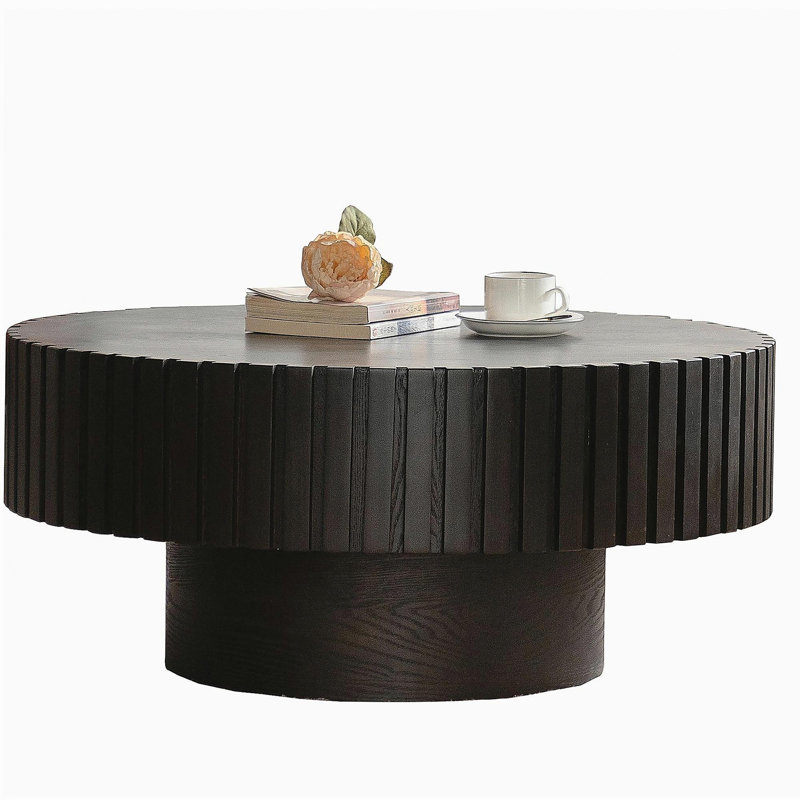 Table basse ronde en bois de style olive à piédestal robuste fabriquée à la main pour le salon