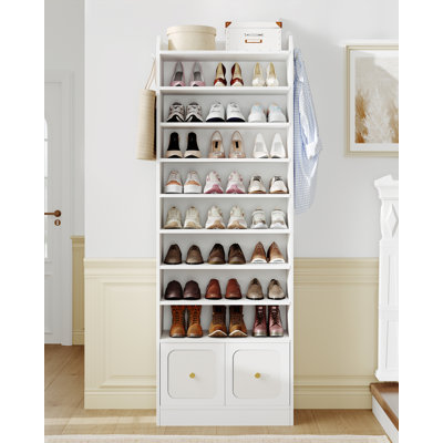Armoire de rangement pour chaussures, armoire de rangement pour chaussures, armoire à chaussures 10 niveaux avec 2 tiroirs en tissu, organisateur de chaussures autoportant en bois avec 2 crochets, 30 à 35 paires, range-chaussures pour vestibule, blanc