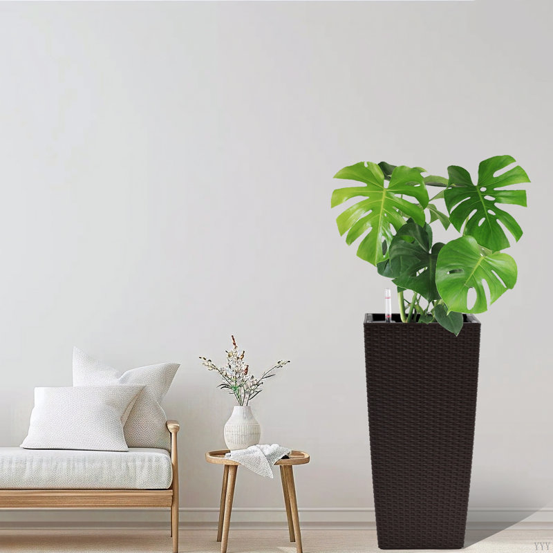 Square Planter For Indoor Or Outdoor Use, 22-Inch High Faux Rattan Design Flower Pot With Automatic Watering System For Porch, Patio, Backyard, Makes Keeping Flowers Easier (Pack Of 2)