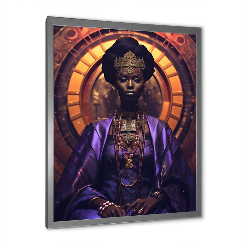Gracieuse reine d'Afrique en mauve sur toile, H 20 po x l 12 po x P 1 po, Cadre simple argenté