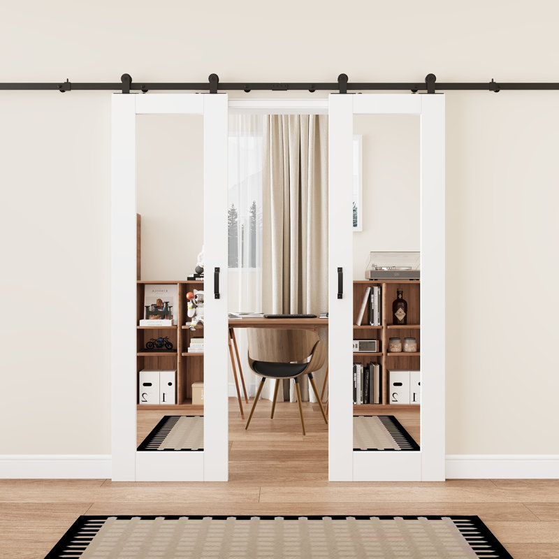 Aucun assemblage requis, porte de grange à double miroir coulissante à finition blanche et portes de garde-robe en bois manufacturé avec quincaillerie d'installation