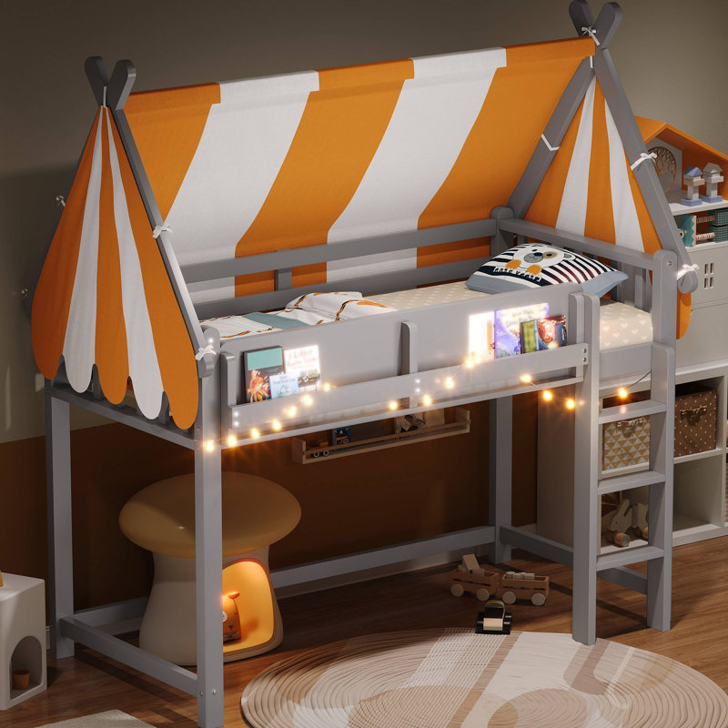 Loft Bed With Canopy, LED Lights & Book Shelf, Twin, Grey