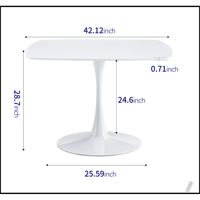Table de salle à manger Mid-Century, H 28,74 po x L 42,12 po x l 42,12 po, Blanc