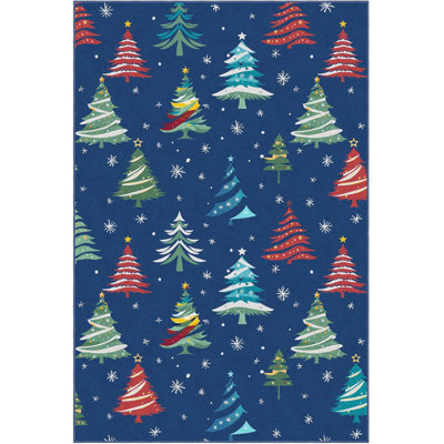 6x9 Christmas Area Rug, Washable Low Pile with Non Slip Backing for Living Room, Blue