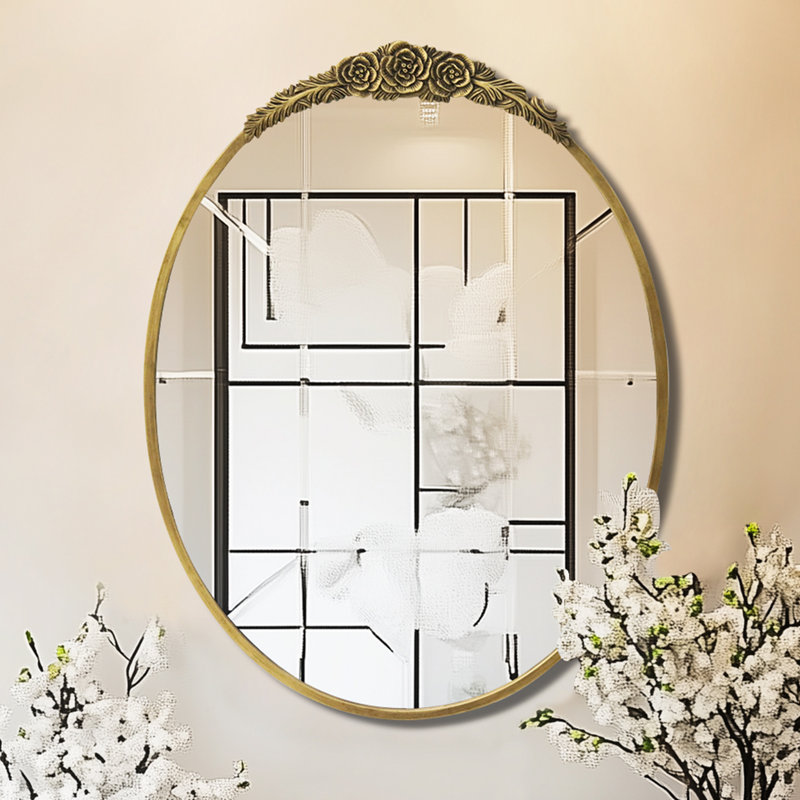 Vintage Accent Wall Mirror For Entry With Large Detailed And Beautiful Roses Top Decor, 32" x 24", Oval