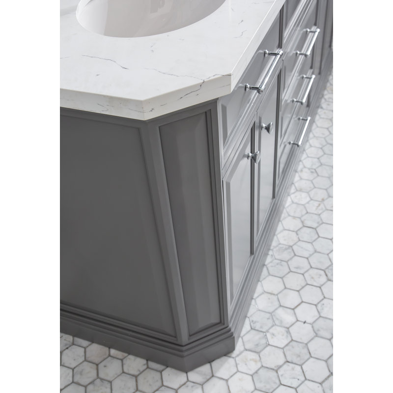 72" Palace Collection Quartz Carrara Cashmere Grey Bathroom Vanity Set With Hardware And F2-0012 Faucets in Chrome Finish