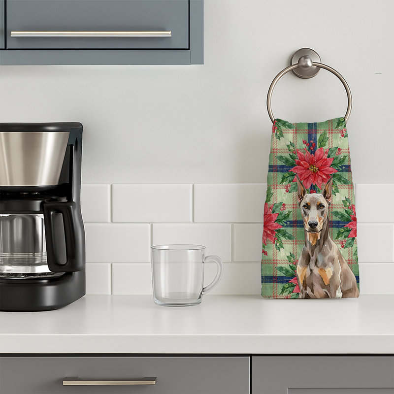 Fawn Doberman Pinscher Christmas PoinsettIas Kitchen Towel, Fawn Doberman Pinscher
