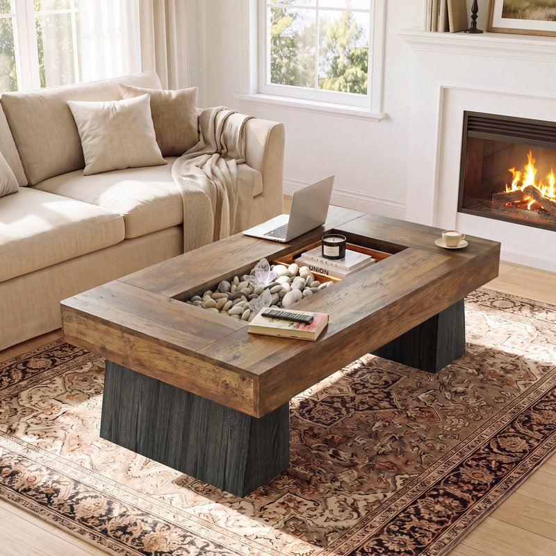 Table basse de 120 cm de large avec rangement central encastré, grande table basse pour salon