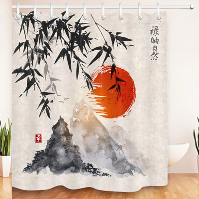 ZenScape Black Bamboo Shower Curtain - Asian Ink Painting with Red Sun and Mountains, Waterproof Fabric, Includes Hooks