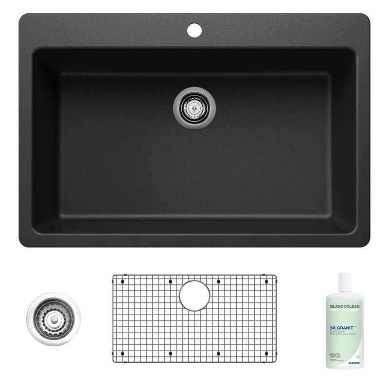BLANCO 33" 50/50 Double Bowl Drop-In/Undermount Silgranit Kitchen Sink With Cleaner, Sink Grids And Basket Strainers In White